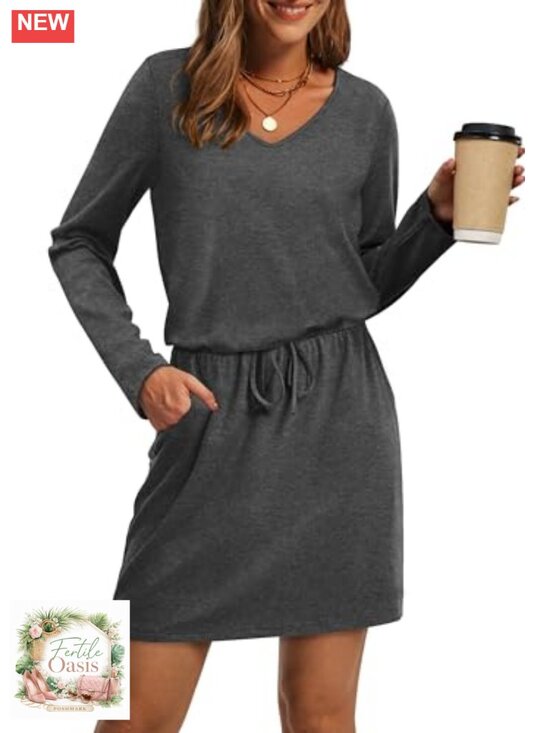 Dresses & Skirts - Women's Loose V-Neck Long Sleeve Tie Front A-Line Midi Dress with Pockets